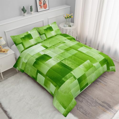 Image of Kids Comforter Set Green Color Block Printed Pattern Bedding Set with 1 Comforter and 2 Pillowcases for Girls Boys Bedroom All Season(Green Block Twin)
