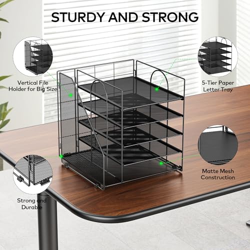 ADO04 Metal Mesh Desk Organizer, 5-Tier Paper Letter Tray with File Holder, Vertical Magazine/File Holder, Desktop Organizer for Office Supplies (Black) image 7