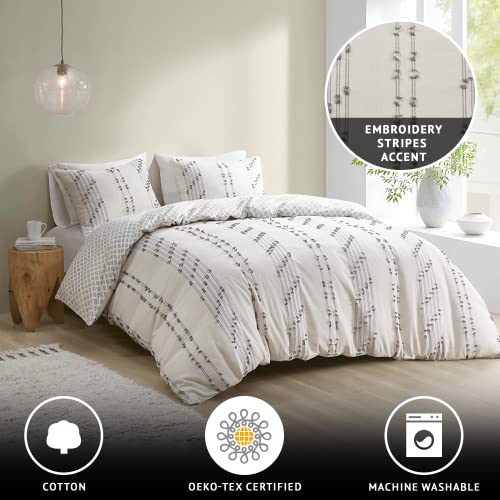 Image of Ink+Ivy Comforter Set for Queen Size Bed - Cotton Comforter Set, Boho Bedding Set for All Seasons, Farmhouse Bedding Comforters & Sets with 2 Pillowcase, Jacquard Stripes, Ivory 3 Piece Full /Queen
