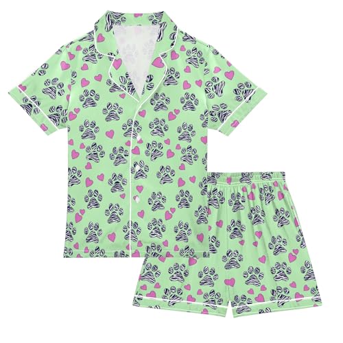 Footprint Love Pattern Summer Satin Pajama Set, Cute Button-Down Sleepwear Pj Set for Sleep Wears