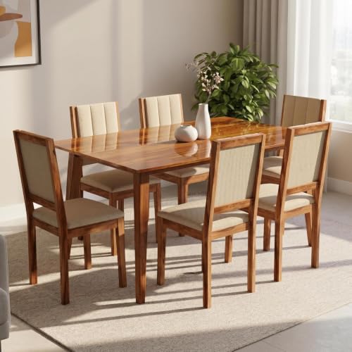 Image of Sheesham Wood Dining Table 6 Seater | Dining Table Set of 6 Six Seater Dinning Table with Beige Cushion Chairs | Dinner Table 6 Seater | Dining Room Sets | Natural Finish