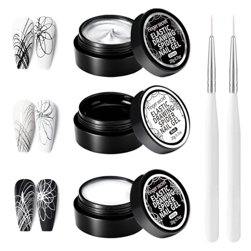 finger secret 20g/0.7oz Elastic Drawing Spider Nail Gel GelS Paint for Nails Art Wire Drawing Nail Gel for Line with Brushes for Nail Art (3EDS-WhiteBlackSliver)