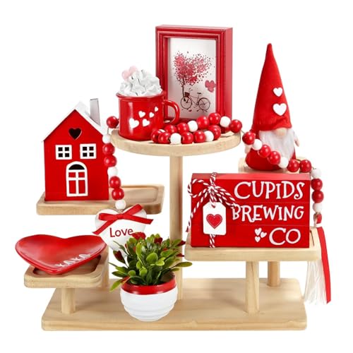 Valentine's Day Decorations 8 PCS Tiered Tray Decor Set, Cute Tabletop Valentine Décor for Home Shelf Mantel Fireplace Office Desk Coffee Bar Romantic Table Centerpieces Tray Objects Decoration Set