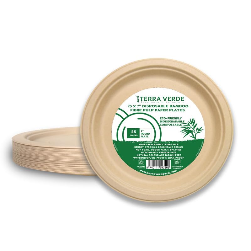 Terra Verde 25-Pack 7" Bamboo Fibre Pulp Disposable Plates for Parties Biodegradable Unbleached Brown, Odour-Free, Food-Safe, Leak-Proof, Microwave-Safe Tableware for Picnic, BBQ, Catering & Events