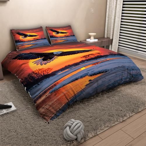 Housse de couette 200 x 200 aigle 3D avec 2 taies d'oreiller lit double microfibre
