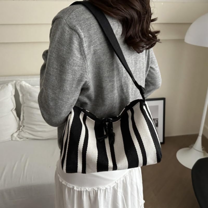 Striped Canvas Crossbody Bag for Women, Large Capacity Retro Casual Shoulder Bag with Adjustable Strap