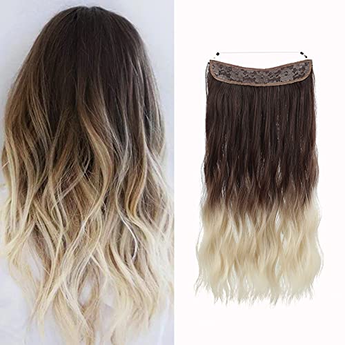HAIRCUBE Halo Hair Extensions Invisible Crown Curly Hairpieces Adjustable Size Headband Transparent Wire No Clips 20 Inch Ombre Light Blonde