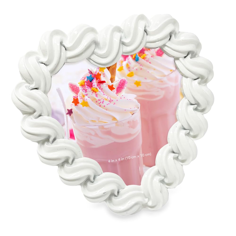 Isaac Jacobs White 4X4 Glossy Frosting Heart-Shaped Picture Frame With Easel & Hook For Tabletop & Wall Display, Decorative Art Design, Home Décor, Gallery Wall, Desktop Display (4X4, )