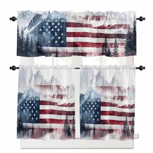 4th of July Kitchen Curtains 24 Inch Length, 3 Piece Rod Pocket Small Half Tiers and Valance Set, USA Flag Forest Independence Day Small Large Window Treatment Decor for Bedroom/Bathroom Sink