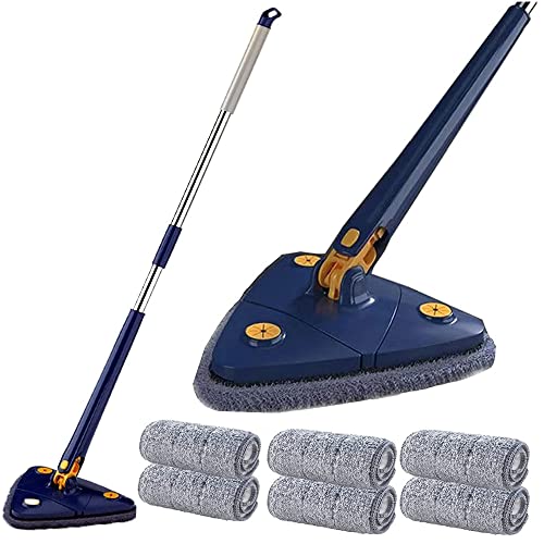 Balai de nettoyage réglable rotatif à 360 °, brosse de nettoyage triangulaire télescopique pour fenêtres, sols, murs, carrelages, avec 6 chiffons (bleu)