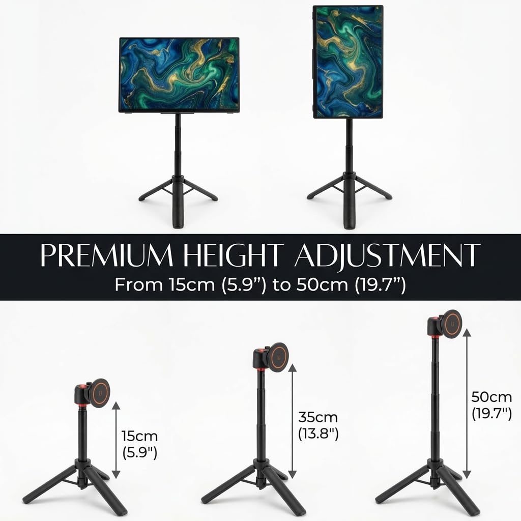 Supporto portatile da viaggio, treppiede magnetico in metallo regolabile in altezza per monitor portatile da 15,6 pollici, supporto verticale pieghevole per monitor e tablet/smartphone da