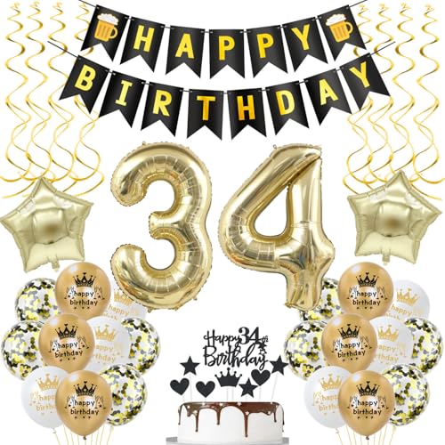 Hongyantech Décoration Anniversaire 34 Ans Femme Homme Noir Or: Bannière Joyeux Anniversaire, Ballons Noirs et Or, Confettis, Numéros, Drapeaux Triangulaires, Ruban