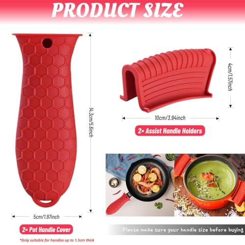 4 Pack Silicone Hot Handle Holder Cover Cast Iron Handle Cover Silicone Pot Holders Heat Resistant Assist Pan Handle Sleeve Non-Slip Pot Handle Covers for Cast Iron Skillet Metal Pan(Red)