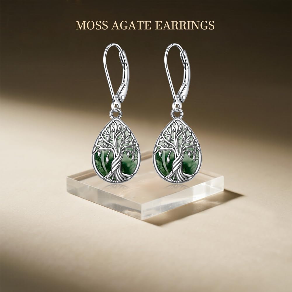 Sterling Silver Tree of Life Earrings for Women Moss Agate Earrings Moss Agate Jewelry Dangle Drop Leverback Teardrop Birthday Gifts - Image 7