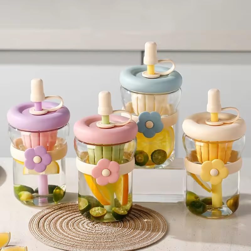 Image of 500ml Glass Sipper Bottle with Flower Band - 1 Pc Multicolor, Built-in Juicer & Straw, Leakproof Lid, Cute Aesthetic Drinkware for Kids & Adult