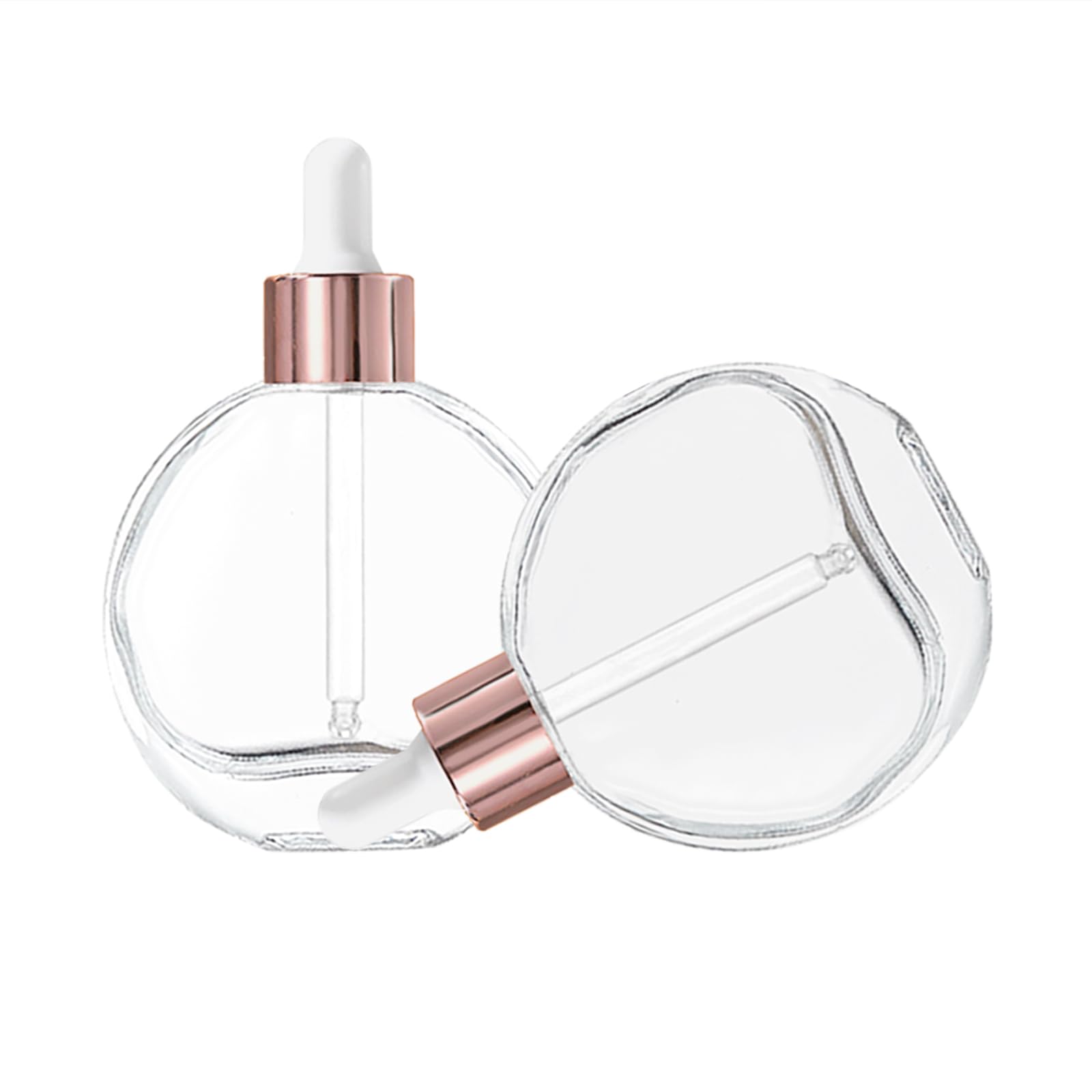 Botellas con cuentagotas transparentes de 2 onzas, 6 botellas de vidrio redondas transparentes con cuentagotas para ojos, para sueros de perfume, aceites para el cabello y otros líquidos (tapas