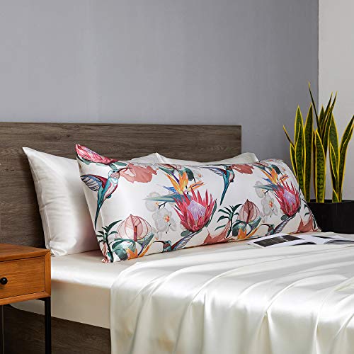 Image of MR&HM Satin Body Pillow Cover, Soft and Breathable Body Pillow Case with Envelope Closure, Cooling and Silky Long Pillowcase for Hair and Skin,Grey (20x54, Floral Bird)