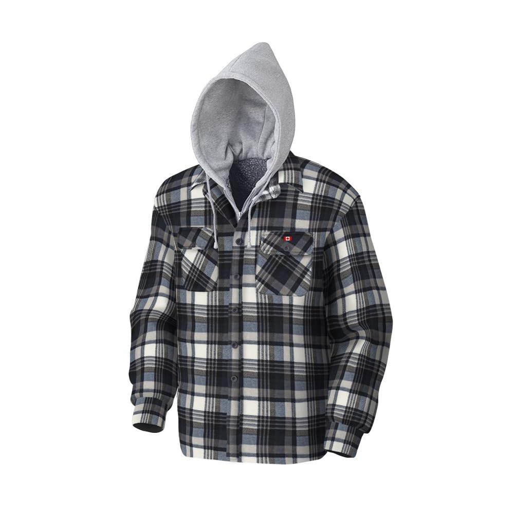 Pioneer Plaid Work Shirt With Hood - Flannel Shirt Jacket with Sherpa Fleece Hoodie - For Cold Weather - Pockets