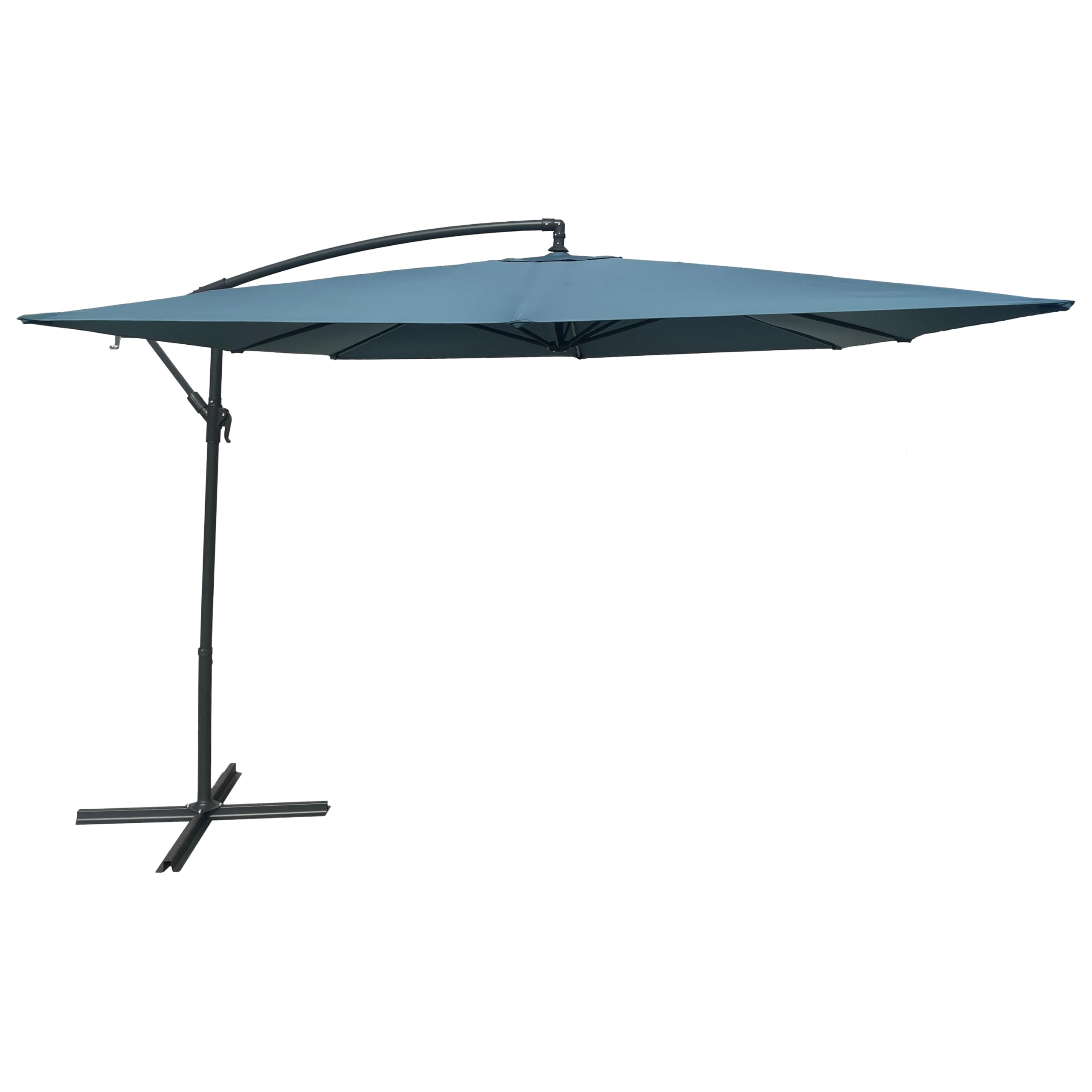 Wolnostojący parasol przeciwsłoneczny MOLOKAI kwadratowy 2,7 x 2,7 m niebiesko-szary z korbą. Wolnostojący, przechylany, składany i obrotowy parasol przeciwsłoneczny z pokrowcem ochronnym.