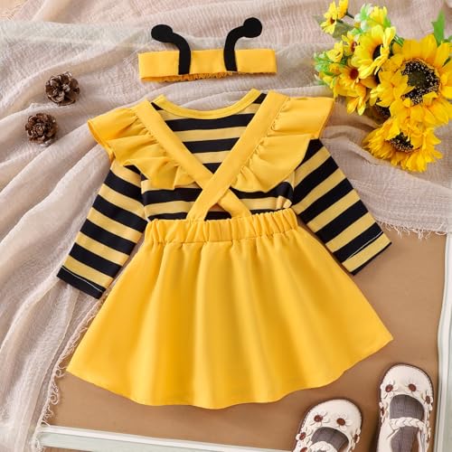 Baby Girl Clothes Outfits Fall Winter Infant Dress Romper Cartoon Ruffle Suspender Skirt Headband 3Pcs 0-18 Months3