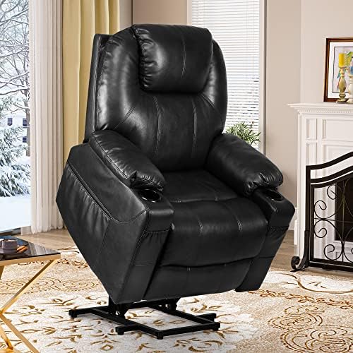 YITAHOME Power Lift Recliner Chair for Elderly, Lift Chair with Heat and Massage, Faux Leather Recliner Chair with 2 Cup Holders, Side Pockets & Remote Control for Living Room (Black)