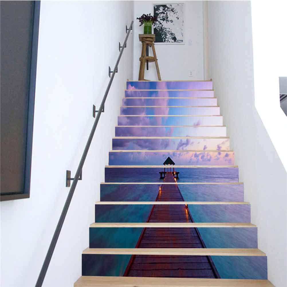 Self-Adhesive PVC Stair Sticker Murals Maldives Seascape at Dawn Removable Self Adhesive Decor -Stair Risers Sticker 39 3 x 7 08 Inch 13PCS/Set