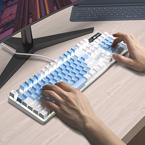 Image of MageGee Mechanical Gaming Keyboard, 104 Keys White Backlit Mechanical Keyboards with Red Switches & Double-Shot Keycaps, Wired Ergonomic Computer Keyboard for Desktop, PC Gamers (White & Blue)
