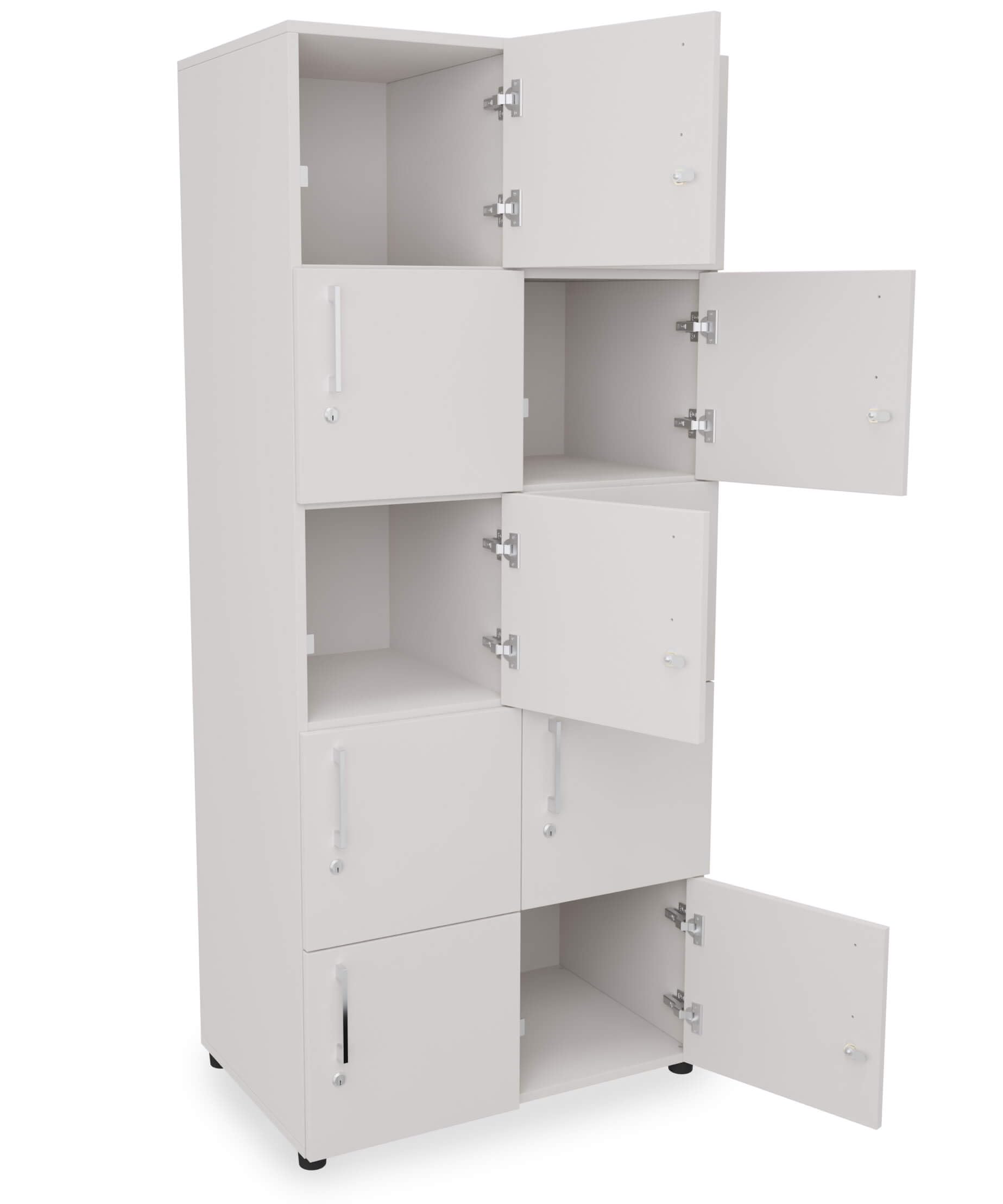 Eigentlich Holzspind 8 o. 10 Schließfächer, Garderobenschrank versch. Farben mit Vorhänge- oder Zylinderschloss, Wertsachenspind für Umkleide, Mitarbeiterspind (10 Fächer, Zylinderschloss, Lichtgrau)