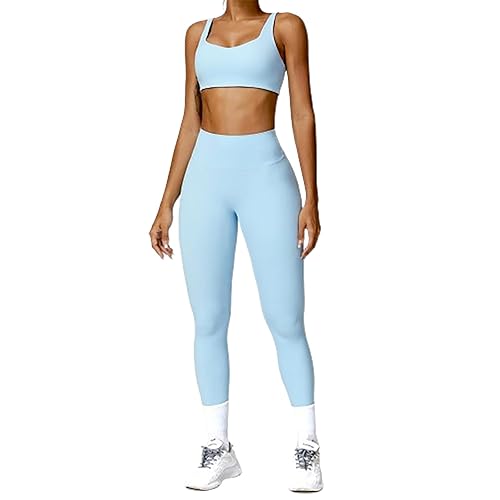 Women's Solid Color Fitness 2-Piece Set, High Waist Seamless Leggings, Padded Stretch Sports Bra Set - X-Large - Blue Bra Set