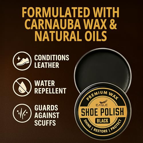 Eagle Black Shoe Polish Wax – Premium High-Gloss Shine & Leather Conditioner – Restores Color, Covers Scuffs, Nourishes & Protects – For Black Leather Shoes, Boots, Belts, Bags – 3-Piece Kit