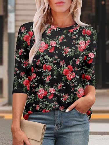 KISSMODA Tunic Tops for Women Loose Fit Dressy Round Neck Pleated 3/4 Length Sleeve Spring Tops