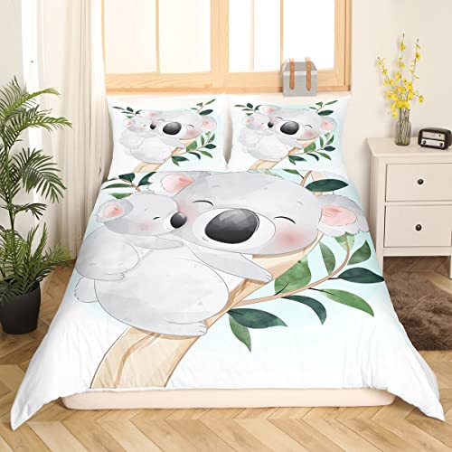 Cute Koala Bedding Duvet Cover Set Kids Cartoon Koala Bedding Set Boys Girls Koala Family Botanical Decor Comforter Cover Set Microfiber Nature Theme Bedspread Cover Bedroom Bedclothes Full