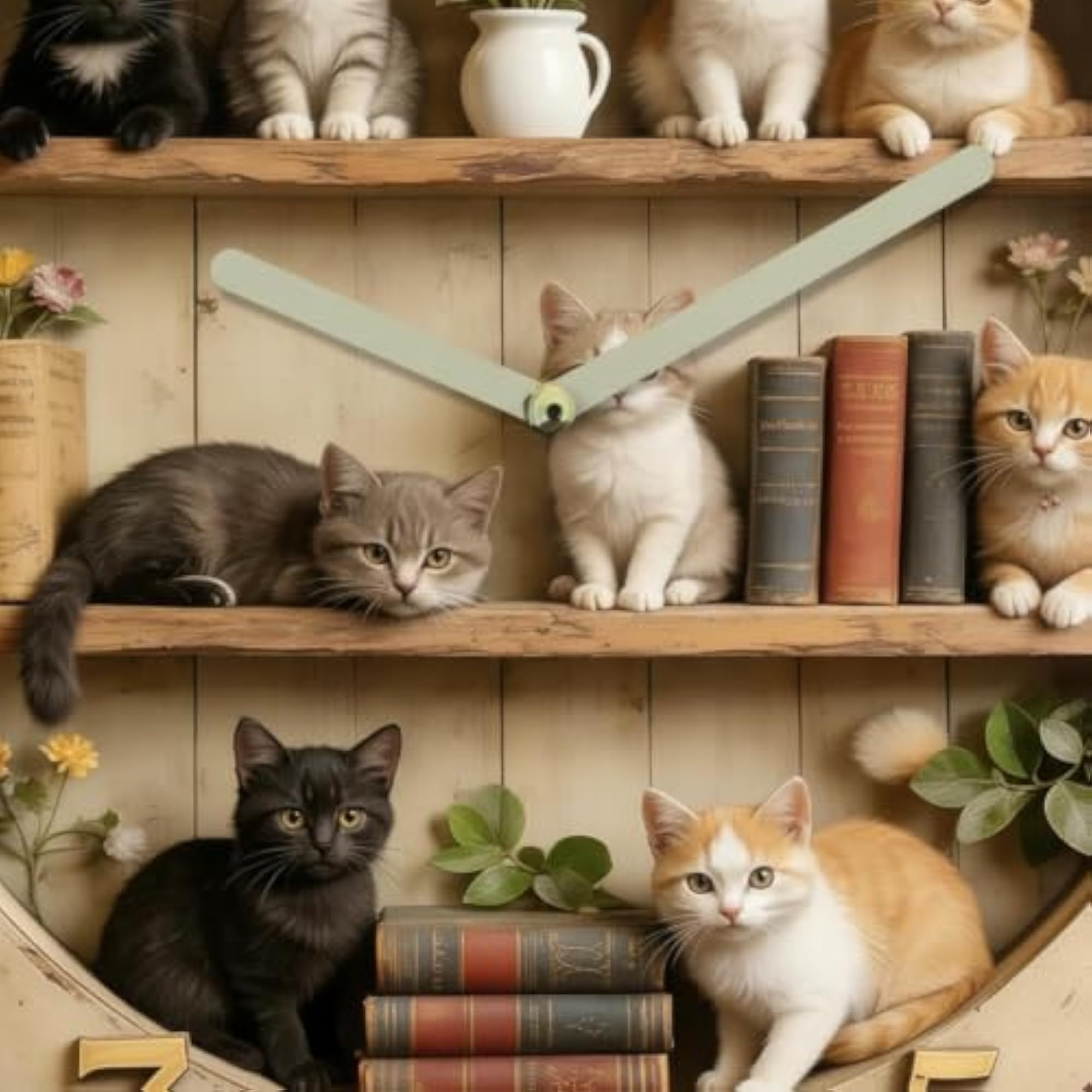 Cat-Themed Wall Clock, Rustic Wood-Look Design