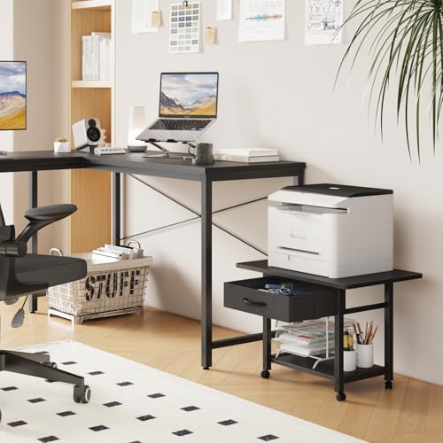 Image of YAOHUOO 22 inchx15 inch Large Printer Stand with Drawer, 2-Tier Rolling Table Cart | Under Desk Printer Table,Storage Fabric Drawer,Fit printer /fax /3d /scanner,4 Lock Wheels or Feet,For Home Office Dorms,Black