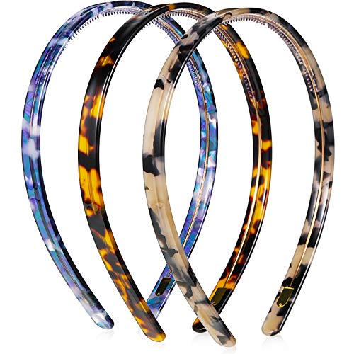 3 Pieces Cellulose Acetate Headband Skinny Headband Thin Headbands with Teeth Non-Slip Leopard Celluloid Hairband Hair Loop Hair Accessory for Women and Girl (Tortoise Shell, Navy Blue, Ivory)