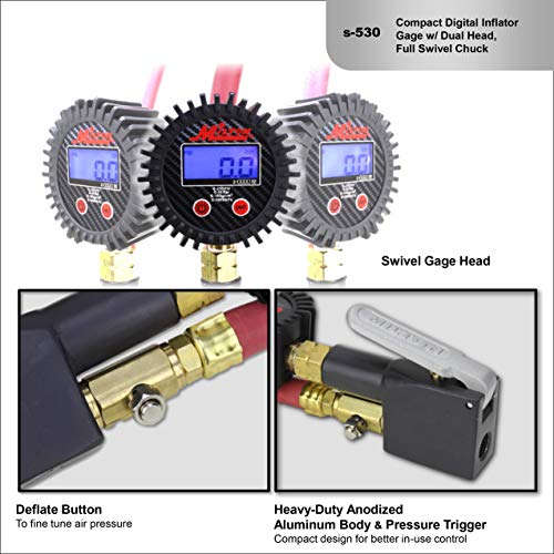 Milton S-530 Compact Digital Tire Inflator With Pressure Gauge, 255 Psi, Dual Head Air Chuck, 15" Hose, 2.5" Dial, 360 Swivel, Res: 0.1 Display, Backlit, Made In Usa, Industrial Grade,Matte Black #TOP5