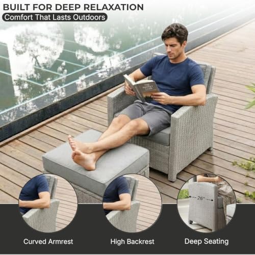 Image of DEVOKO 5 Pieces Patio Furniture Set Outdoor Sofa and Ottoman Set with Cushions & Center Table, HDPE Wicker Rattan for Lawn, Pool, Balcony, Backyard (Silver and Grey)