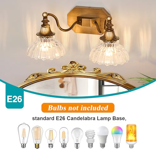 Image of hesoge Vintage Bathroom Light Fixture Antique Brass Vanity Light with Crystal Glass Shade Brushed Gold 2-Light Bathroom Light Over Mirror