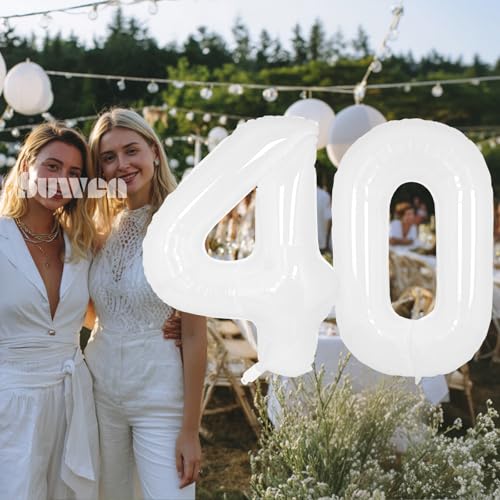 Image of SUWEN 40 Inch White Large 40 Balloon Number Big Foil Helium Numbers 0-9 | Giant Jumbo Happy 40th Birthday Party Decorations for Men or Women Huge Mylar Anniversary Party Supplies
