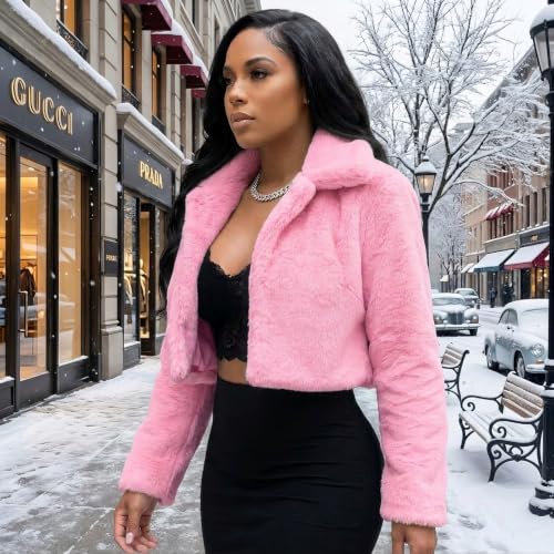 Image of RAMOUG Women Faux Fur Jacket Lapel Crop Fuzzy Coat Outerwear