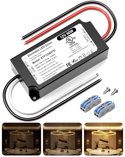 12V Dimmable LED Driver 60W UL&amp;FCC Listed Class 2, Triac ELV/MLV AC 120V to DC 12V LED Transformer Compatible with Lutron &amp; Leviton Switches 60 Watt Power Supply 12 Volt for LED Strip Light
