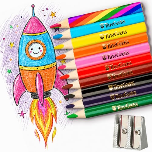 TinyGeeks Crayons de couleur Jumbo - NOUVEAUTÉ -10 Crayons de Couleurs Enfant & Crayon Arc-en-ciel + Taille-Crayon + Parfait pour les Jeunes Écoliers +...