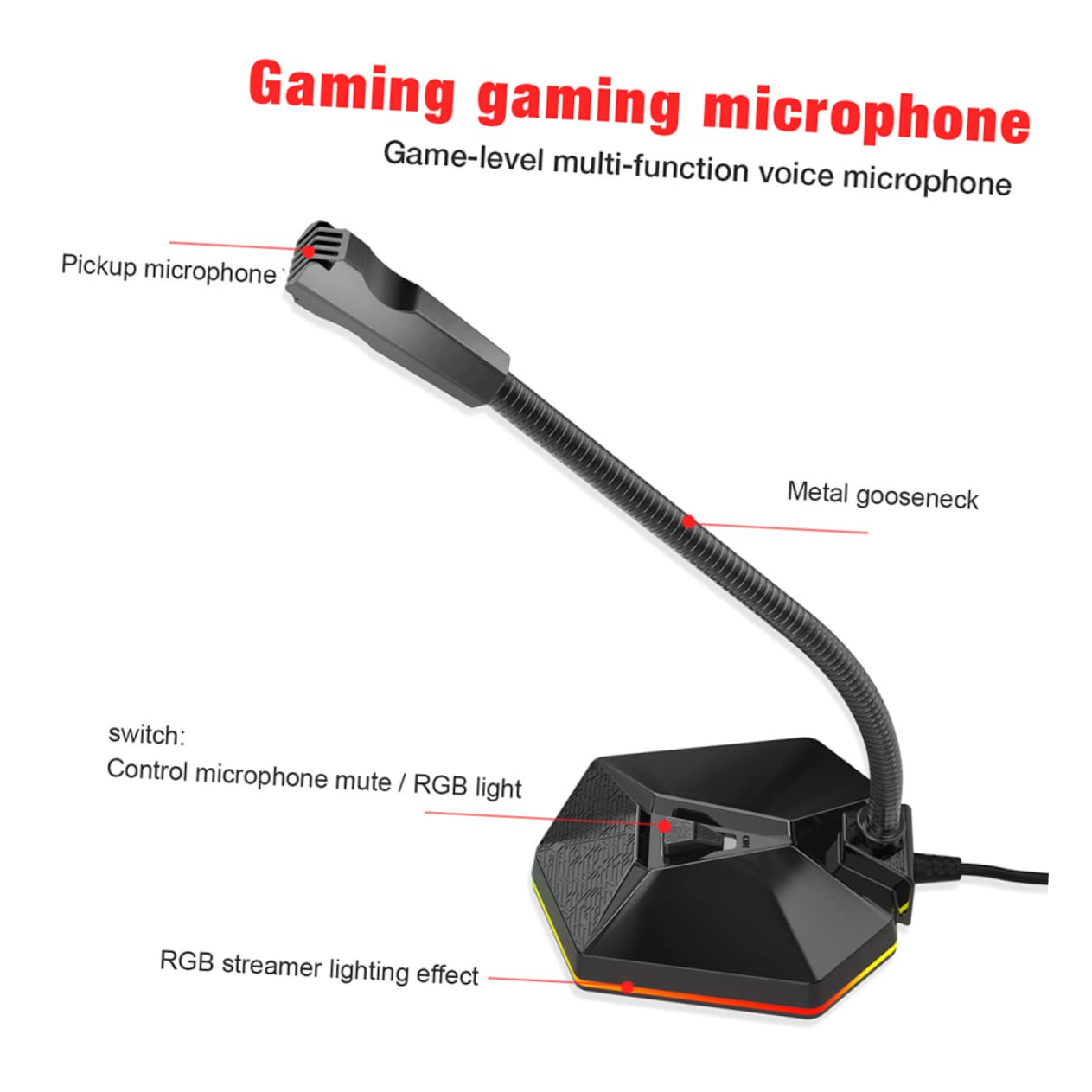 Abaodam Microfono USB da Scrivania Mini Flessibile Rgb Nero | Audio Nitido, Interfaccia Usb, Cavo da 1, 5m, per Videoconferenza e Casa
