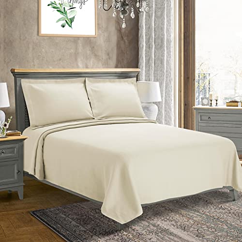 Image of BNM Oversized Solitaire Matelasse Cotton Bedspread, Jacquard Weave, Soft and Breathable, All-Season, Cozy and Lightweight, Perfect for Master or Guest Bedroom, Matching Pillow Shams, Ivory, King