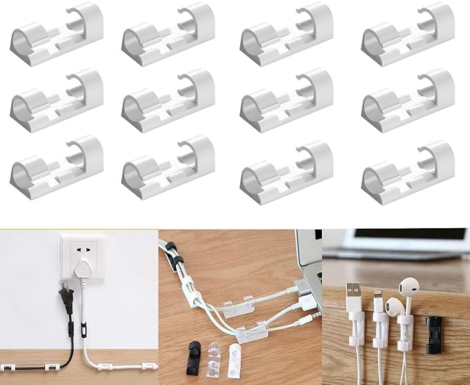 Self-Adhesive Cable Clips Organizer Drop Wire Holder Cord Management Wire Double Sided Gum Sticker Clips for Cable for Wall Cable Clips for Desk (White (Pack of 10))
