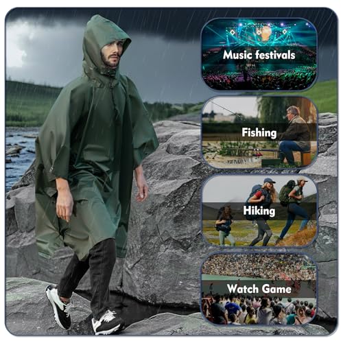 Sensong Regenponcho Wasserdicht Regencape mit Kapuze Multifunktionales Regenmantel Wiederverwendbar Regenkleidung Faltbare Ripstop Damen Herren für Wandern Jagd Camping Angeln Täglichen Gebrauch Grün