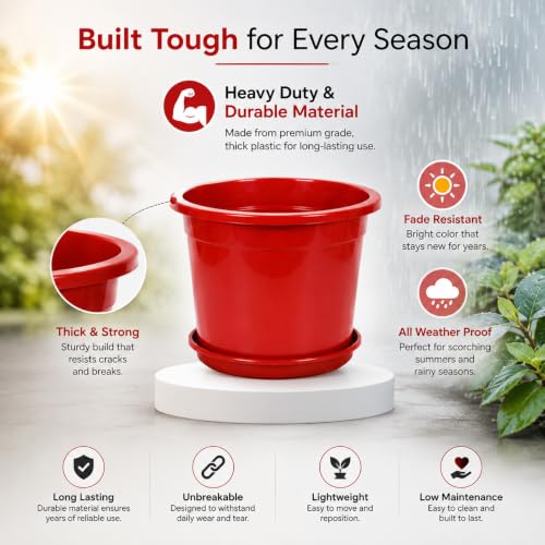 Image of 12 Inch Glossy Red Plastic Planter with Bottom Plate | Heavy Duty Flower Pot with Tray for Indoor Home Decor, Balcony, Living Room & Outdoor Garden (12 Pot, Red)