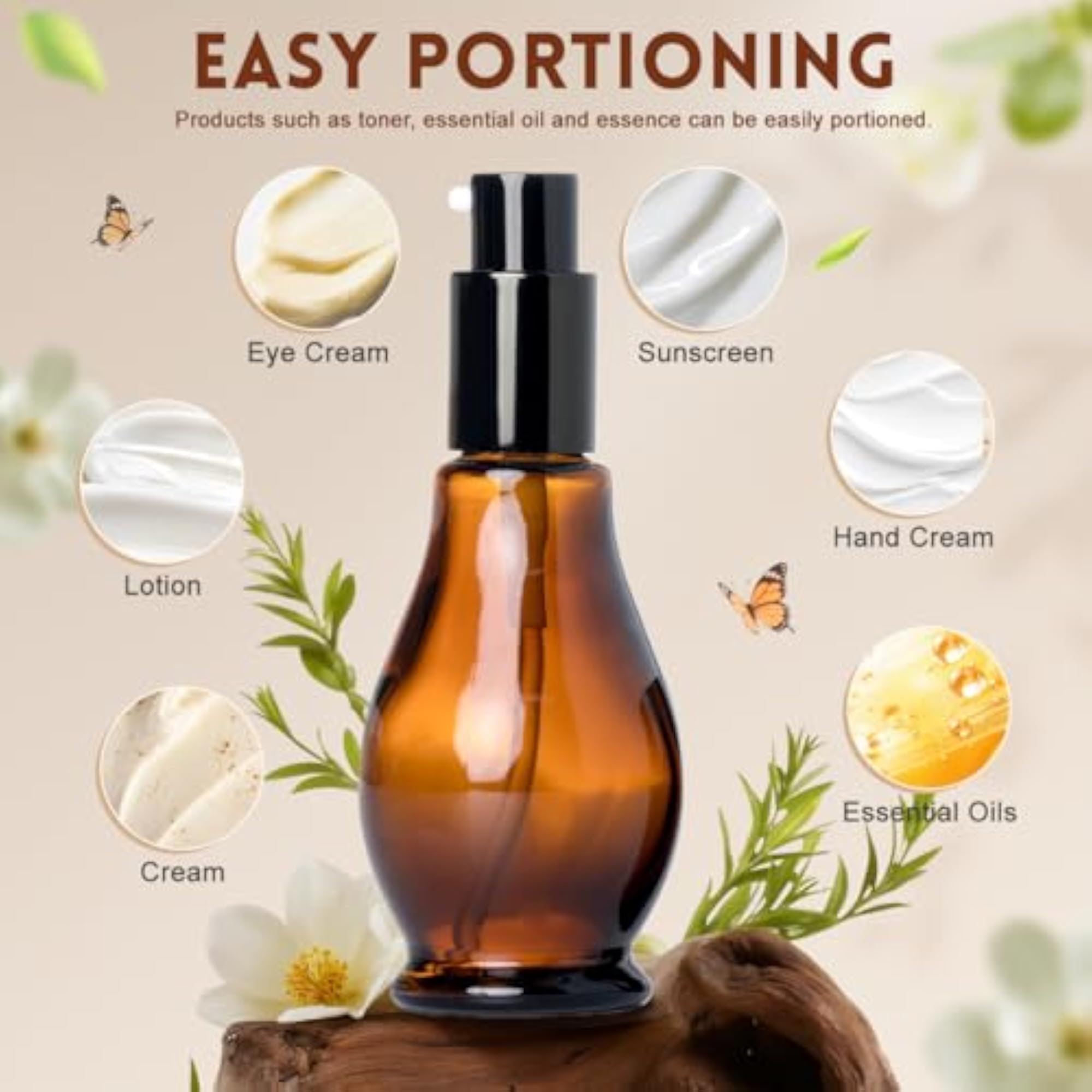 2Pcs Refillable Amber Glass Lotion Pump Bottles