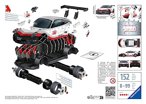 Ravensburger - Puzzle 3D Véhicules - Porsche 911 GT3 Cup avec Grille de Construction - A partir de 10 Ans - 108 pièces numérotées à Assembler sans Colle - Accessoires de Finition Inclus - 11557