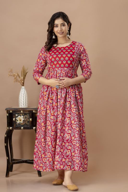 Image of Women's Pure Cotton Printed Maternity Gown /Maternity wear /Feeding Gown A-line Maternity Feeding Dress Maternity Kurti Gown for Women